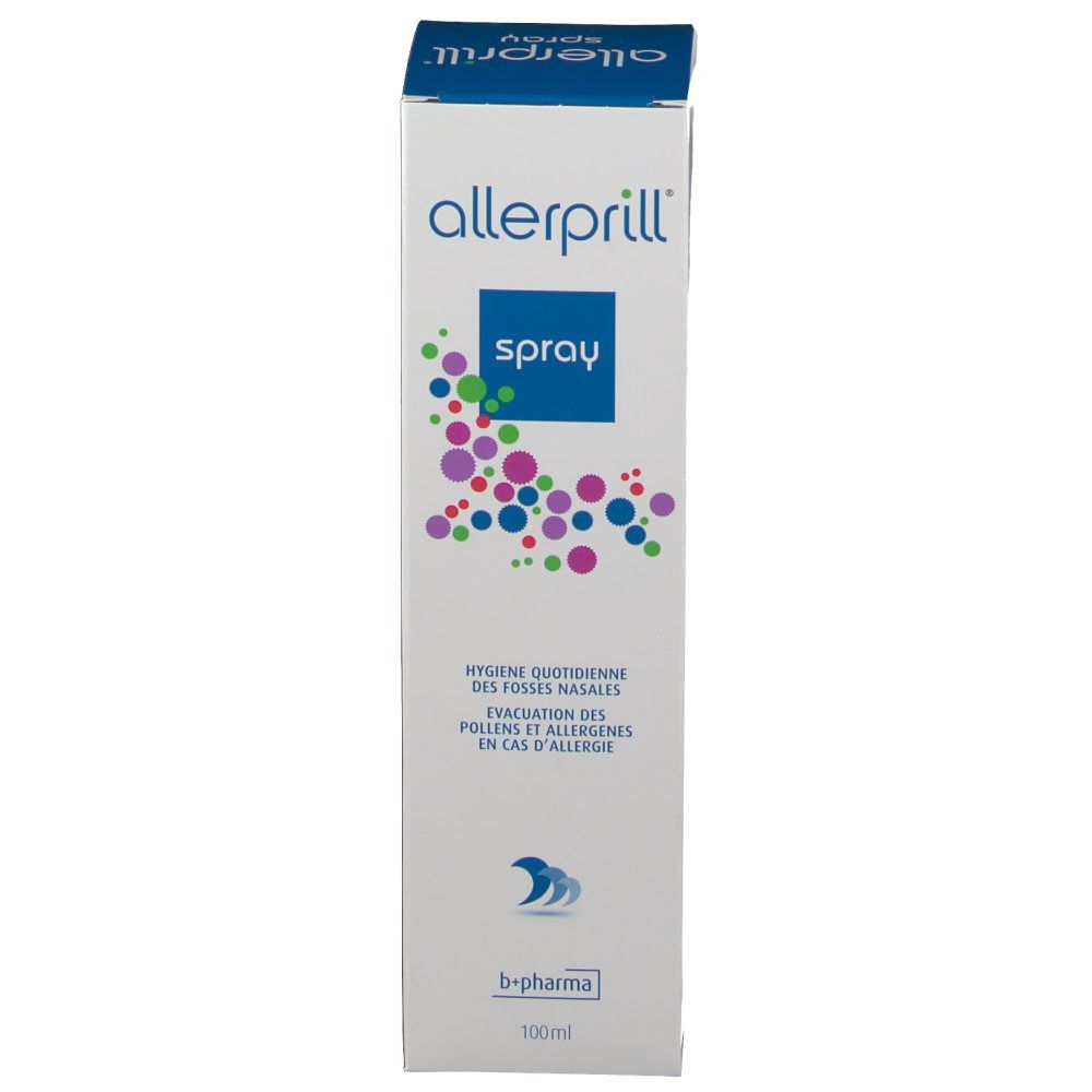 Boîte Allerprill Spray. Emballage bleu et blanc avec nom du produit et points colorés. 100ml.