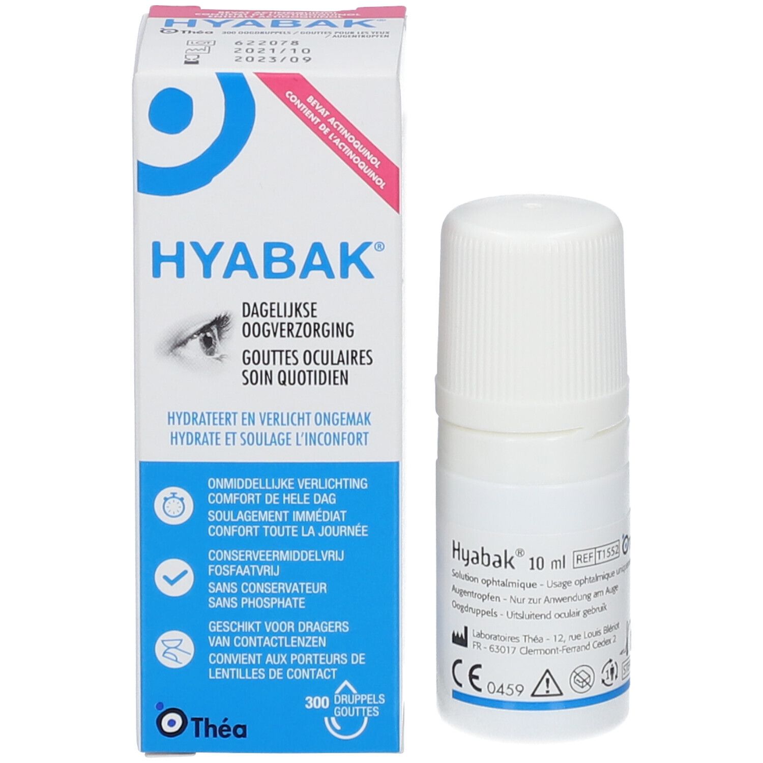 Emballage du produit avec flacon. Inscription: Hyabak, 10 ml. Dispositif médical.