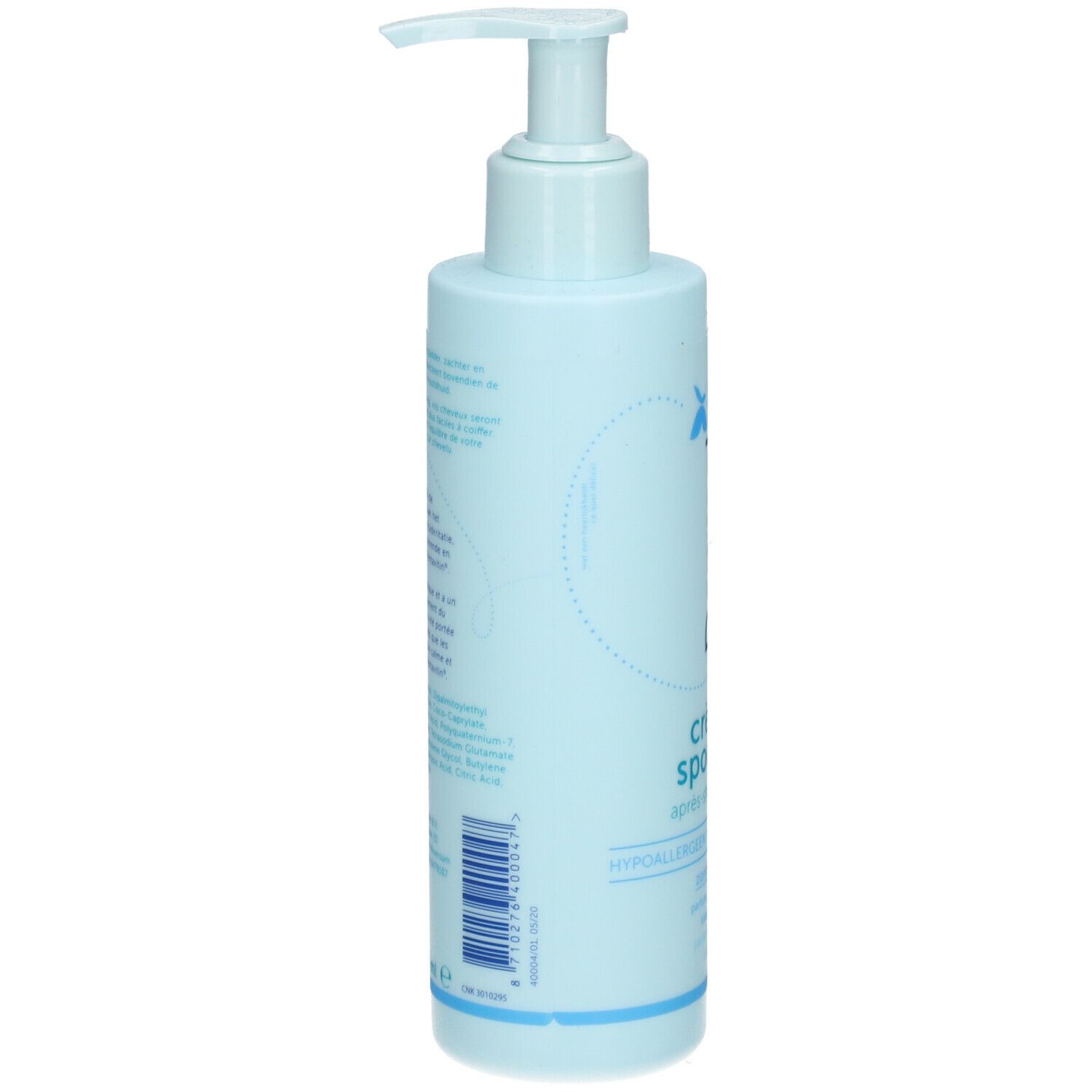 Flacon bleu clair avec pompe. Dos avec texte. Contient des informations sur le produit et les ingrédients. Code-barres.