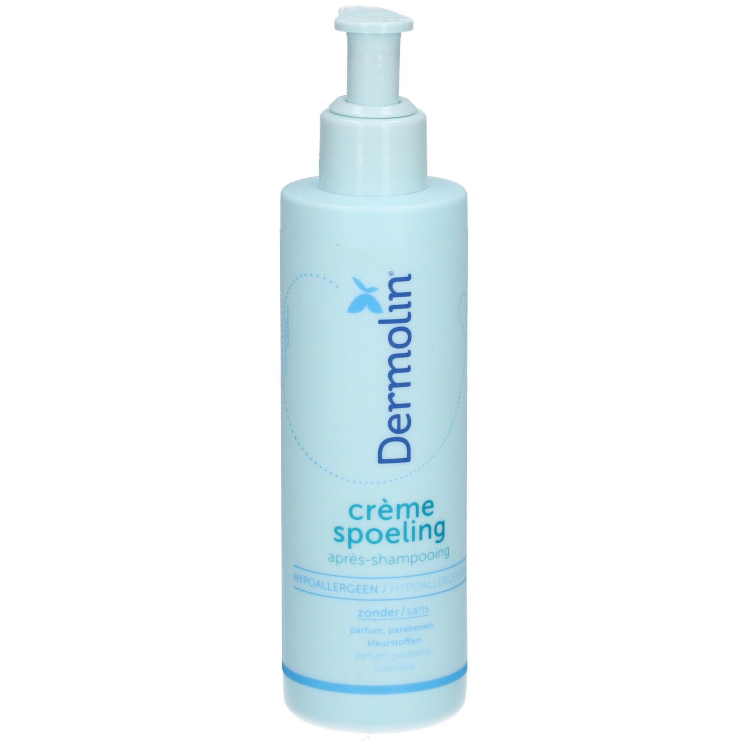 Flacon bleu clair avec pompe. Inscription: Dermolin, Crème Spoeling. Sans allergènes, parfum ni parabènes.