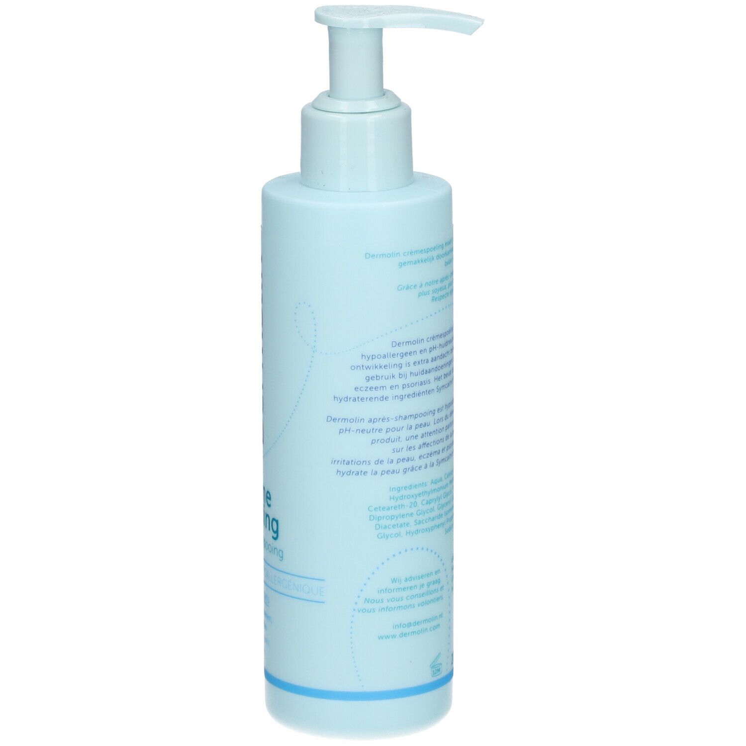 Flacon bleu clair avec pompe. Dos avec texte. Contient des informations sur le produit et les ingrédients.