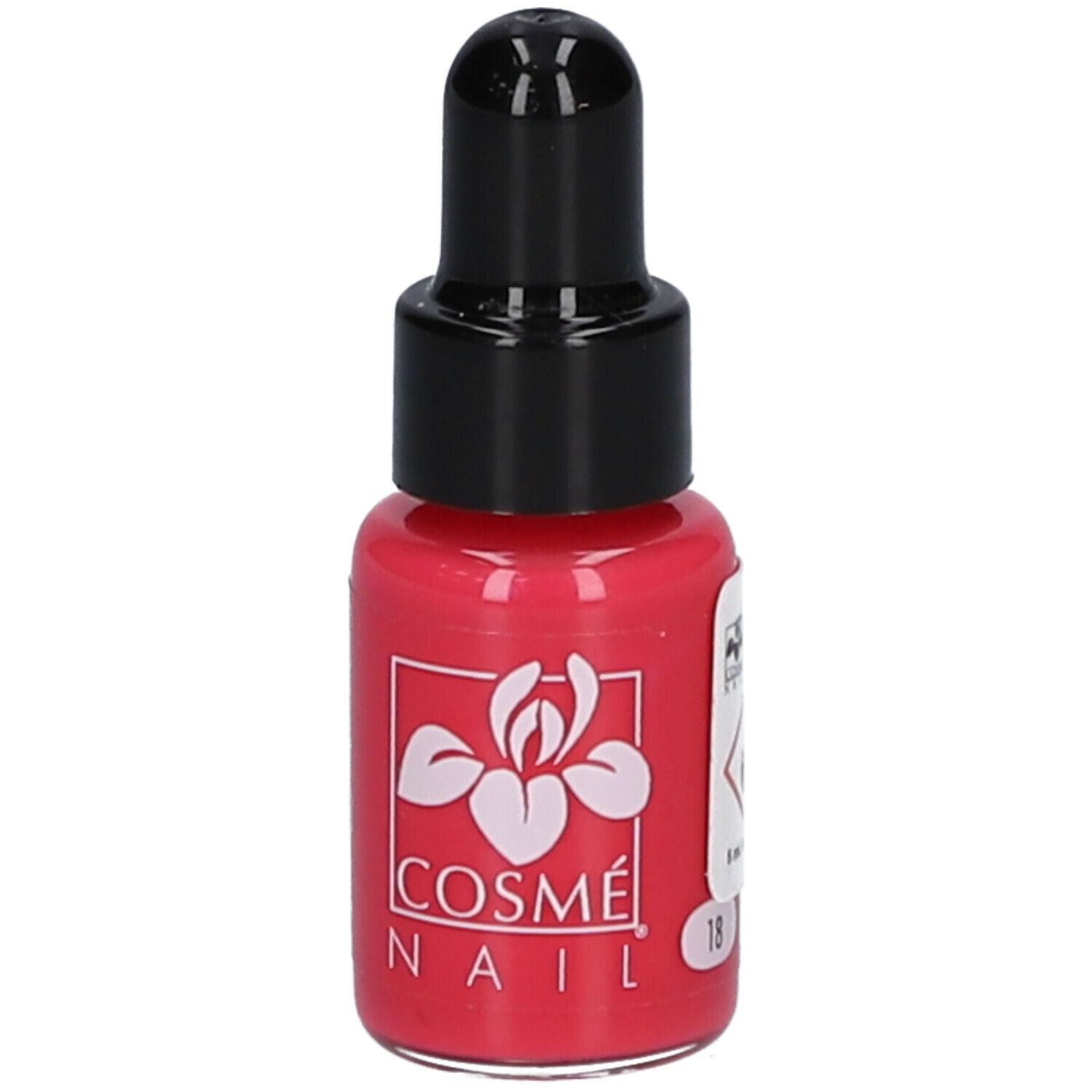 Flacon de vernis à ongles fuchsia. Bouchon noir avec pinceau intégré. Marque : Cosmé Nail. Inscription : 18.