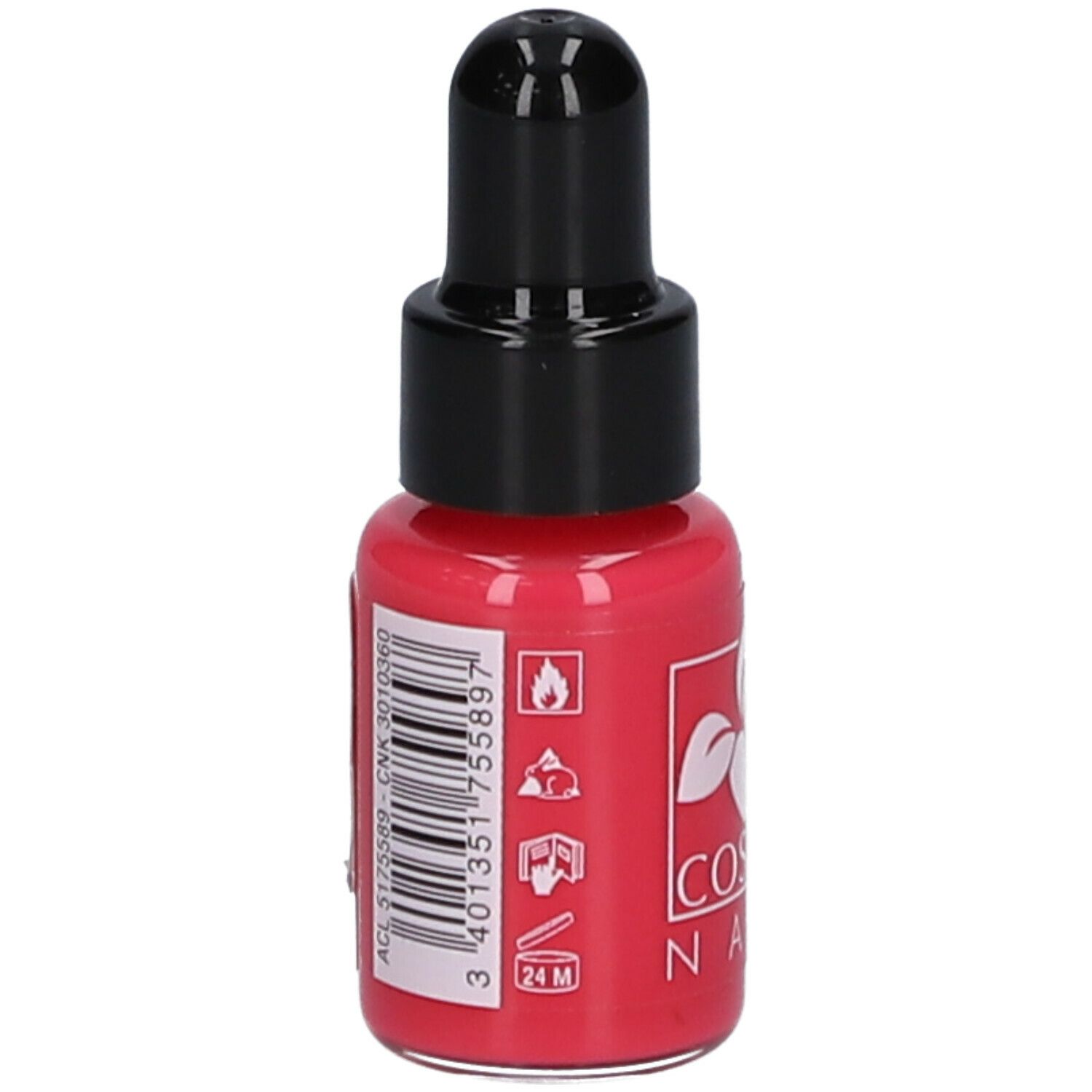 Flacon de vernis à ongles fuchsia. Bouchon noir. Inscription : 24 M. Code-barres et pictogrammes.