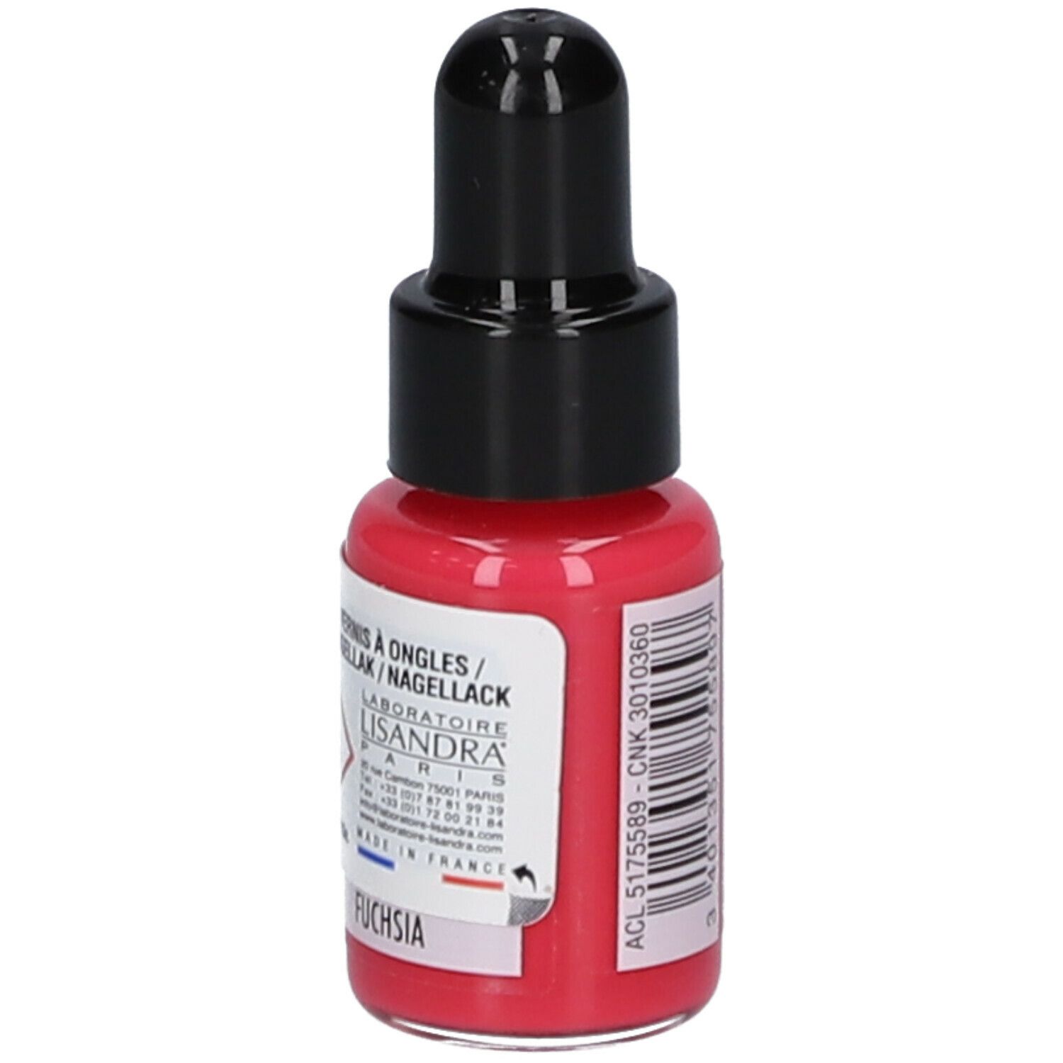 Flacon de vernis à ongles fuchsia. Bouchon noir. Inscription : Fuchsia. Marque : Lisandra Paris.
