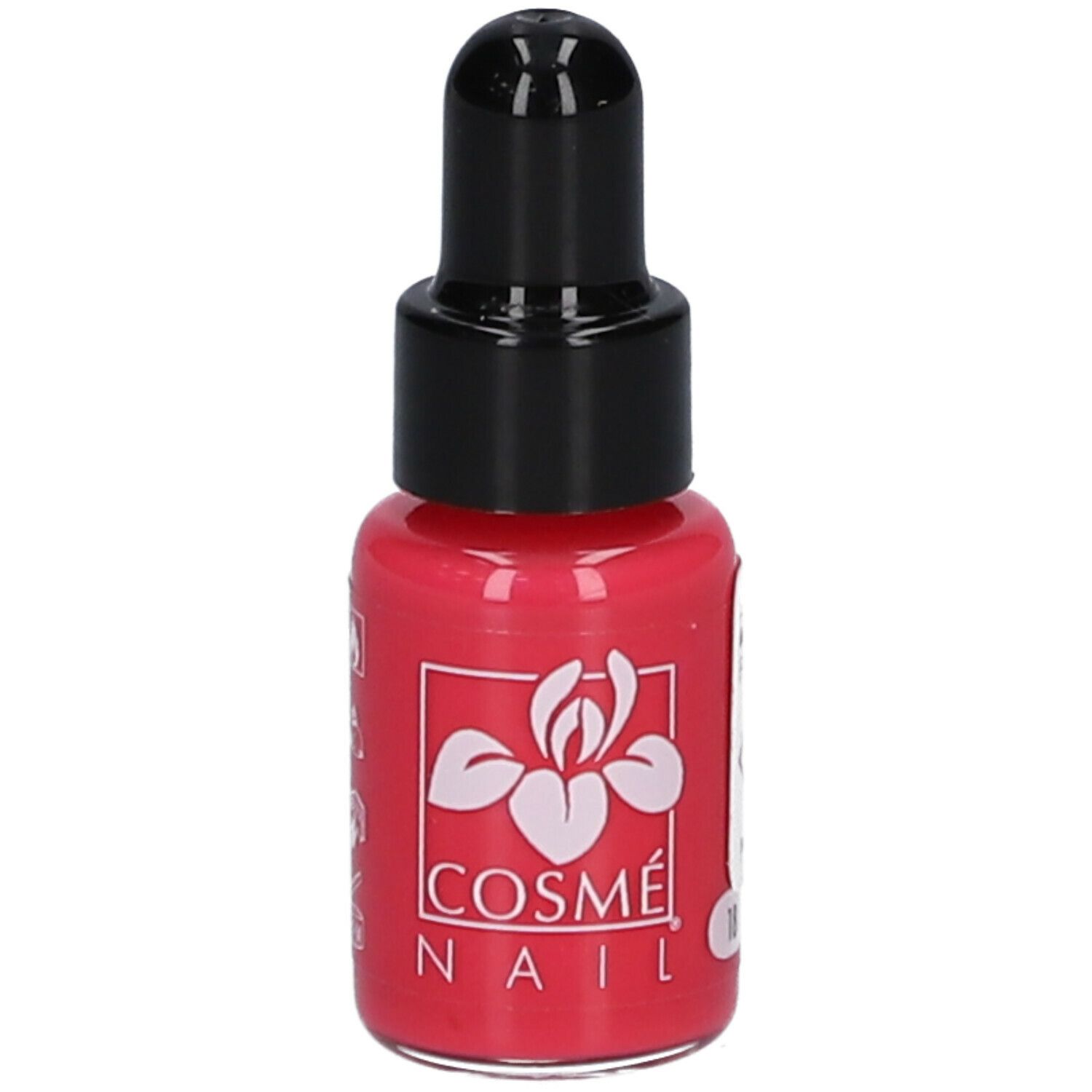 Flacon de vernis à ongles fuchsia. Bouchon noir. Marque : Cosmé Nail. Inscription : 18.