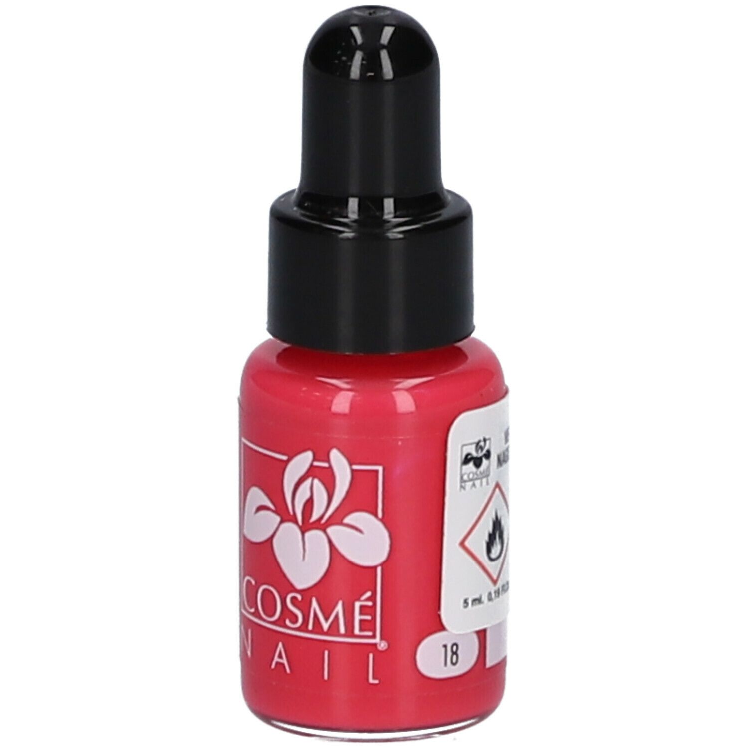 Flacon de vernis à ongles fuchsia. Bouchon noir. Marque : Cosmé Nail. Inscription : 18, 5 ml. Pictogrammes.