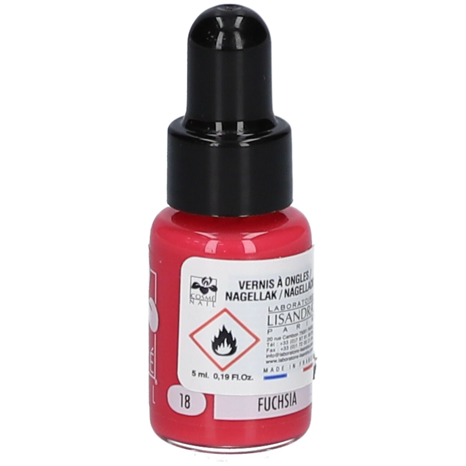 Flacon de vernis à ongles fuchsia. Bouchon noir. Inscription : 18, 5 ml, Fuchsia. Pictogrammes. Marque : Lisandra.