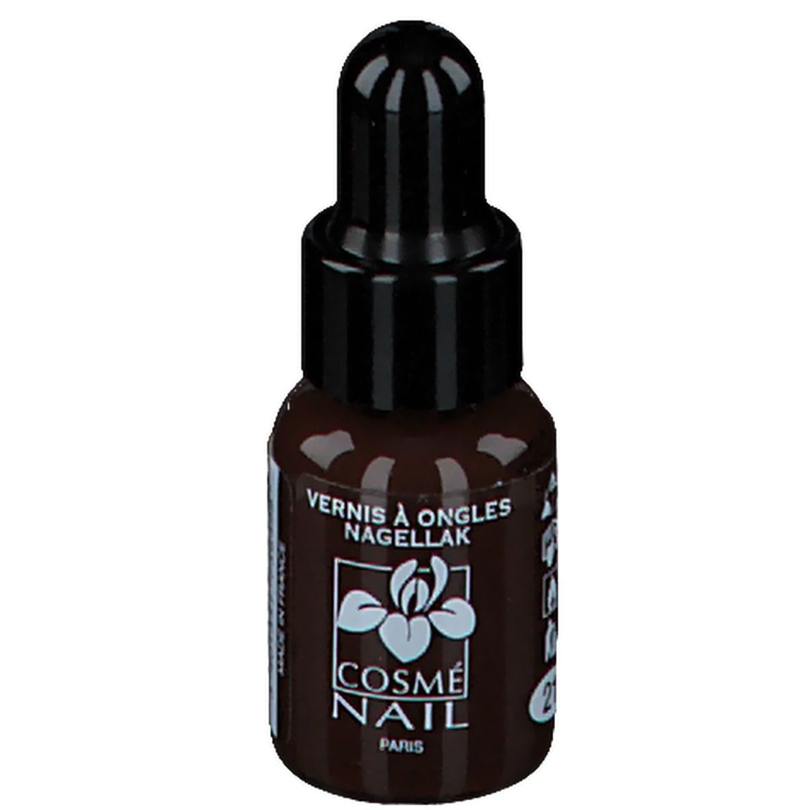 Flacon de vernis à ongles marron, bouchon noir. Inscription: Cosménail Paris.