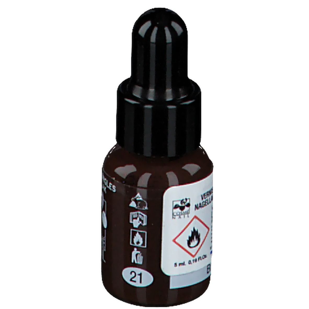 Flacon de vernis à ongles marron, bouchon noir. Inscription: 21, 5ml, avertissement.