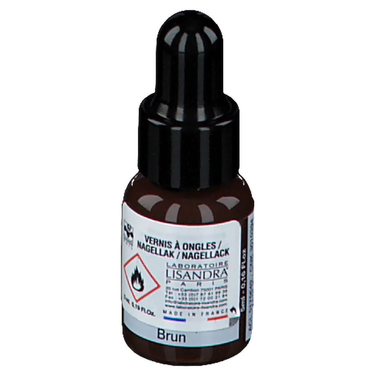 Flacon de vernis à ongles marron, bouchon noir. Inscription: Brun, 5ml, avertissement.