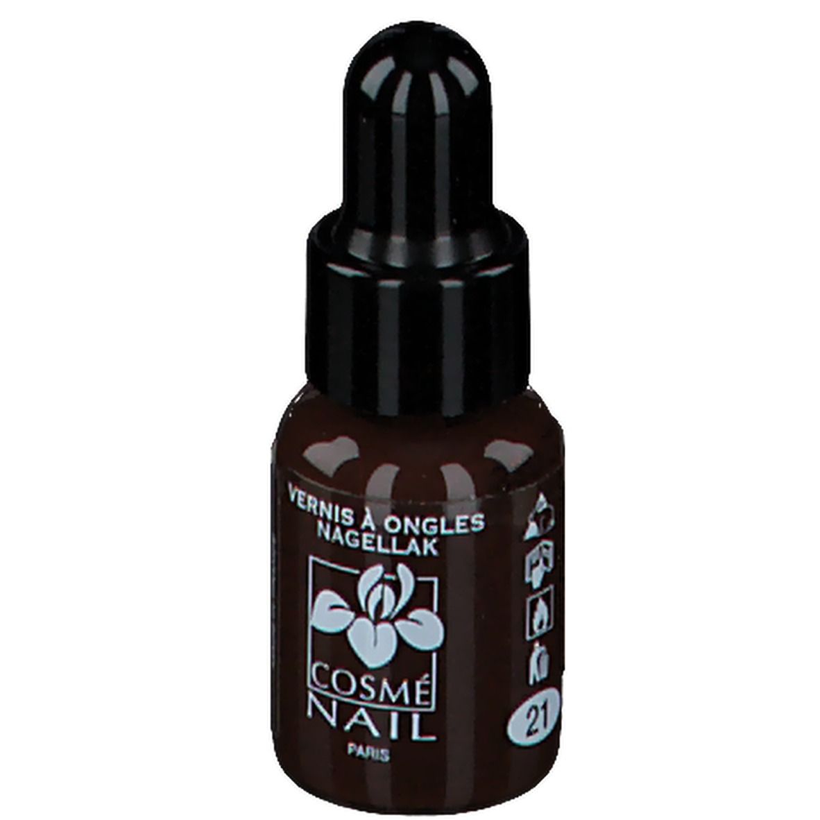 Flacon de vernis à ongles marron, bouchon noir. Inscription: 21, Cosménail Paris.