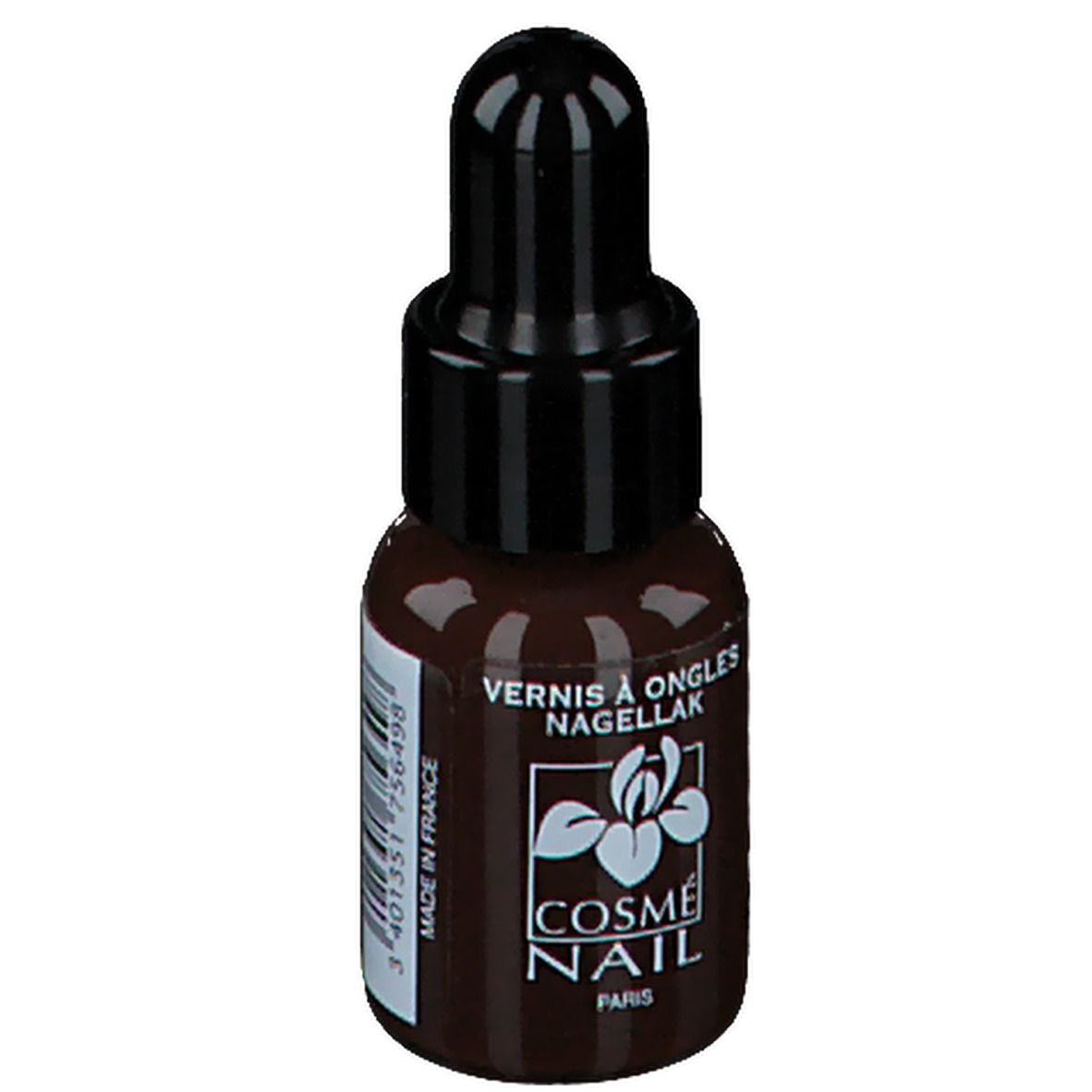Flacon de vernis à ongles marron, bouchon noir. Inscription: Made in France, Cosménail Paris.