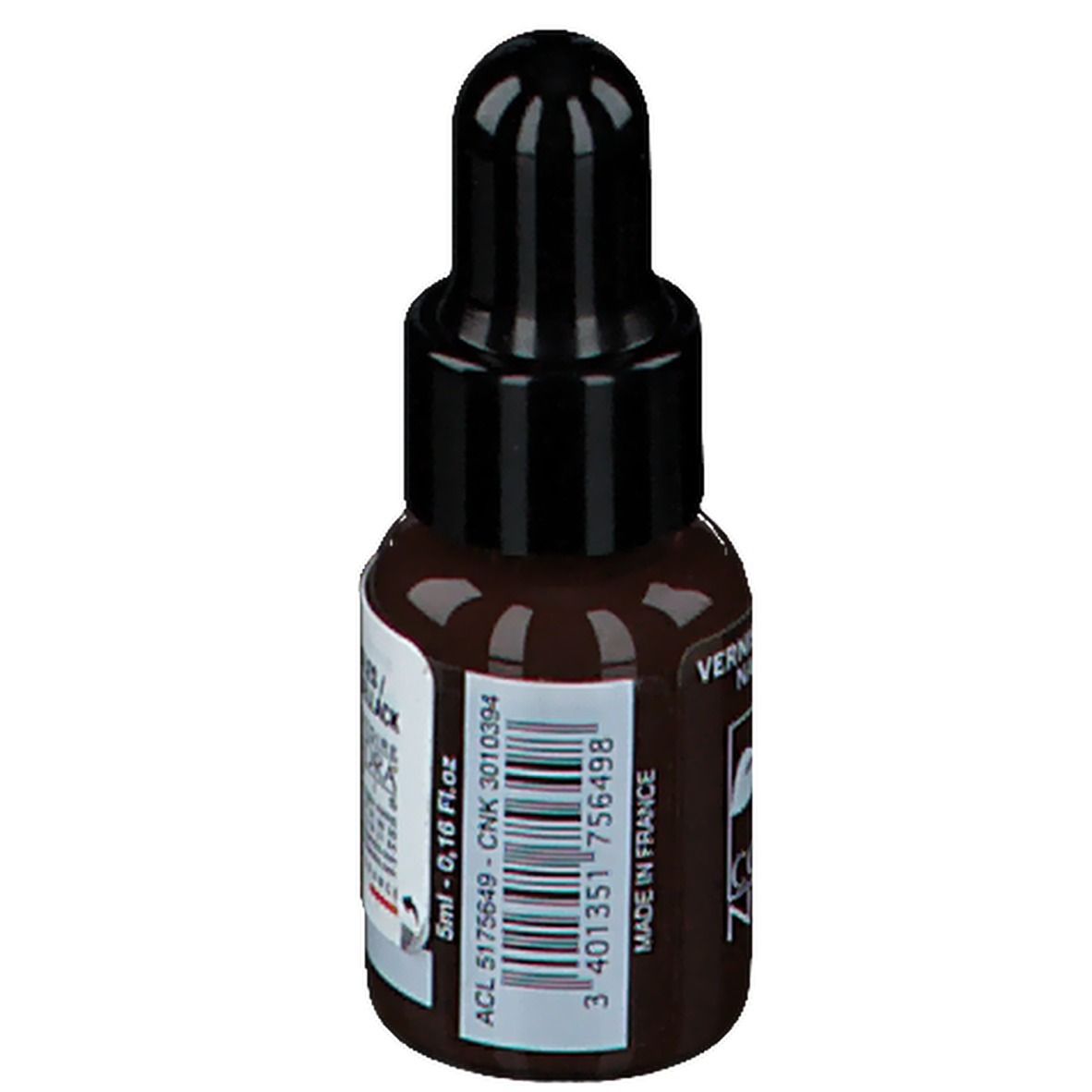 Flacon de vernis à ongles marron, bouchon noir. Inscription: 5ml, Made in France.