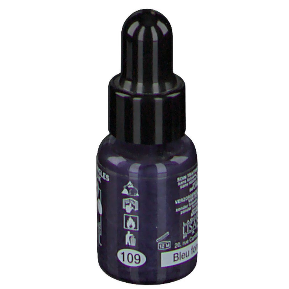 Donkerblauwe nagellakfles met zwarte dop. Opschrift: 109, Bleu foncé. Pictogrammen.