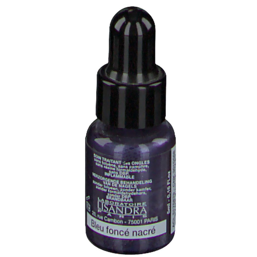 Donkerblauwe parelmoer nagellakfles met zwarte dop. Opschrift: Bleu foncé nacré. Laboratoire Lisandra Paris.