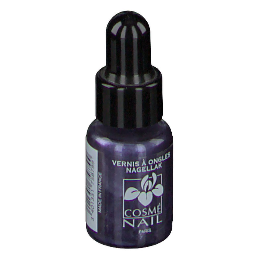 Donkerblauwe nagellakfles met zwarte dop. Opschrift: Vernis à Ongles, Nagellak. Cosmé Nail Paris.