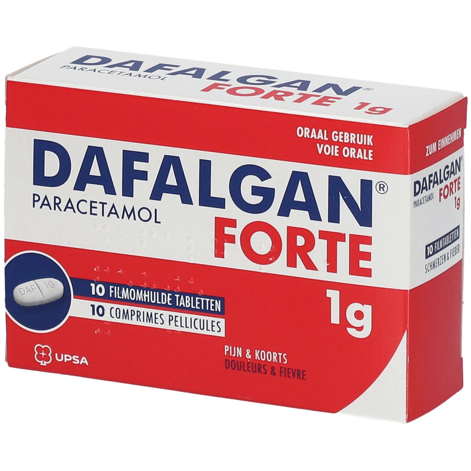 Dafalgan Forte 1g doos. Rood en wit, productnaam en 10 tabletten. Ovale tablet.
