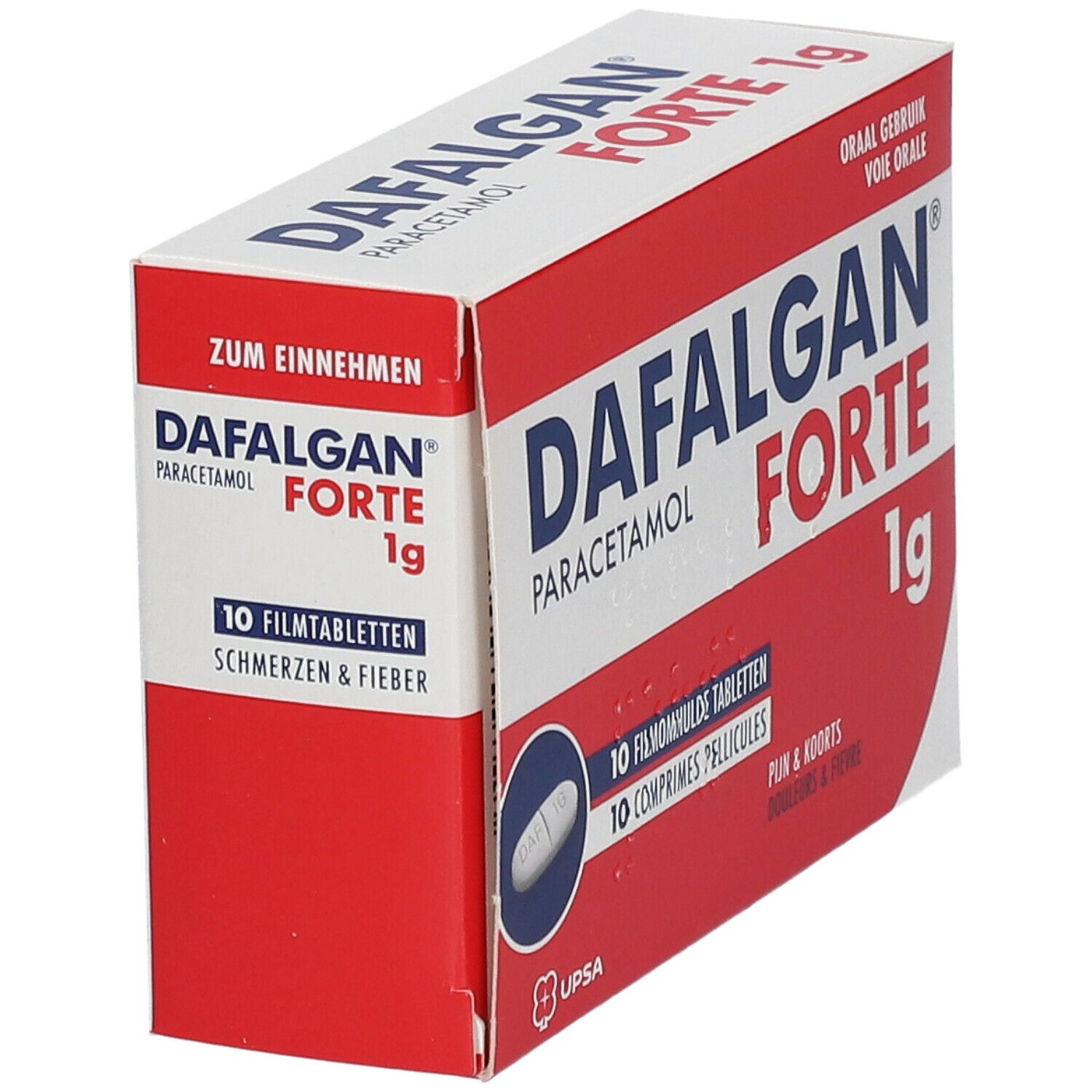 Dafalgan Forte 1g doos. Doos schuin. Rode en witte kleuren. Productnaam en 10 tabletten.