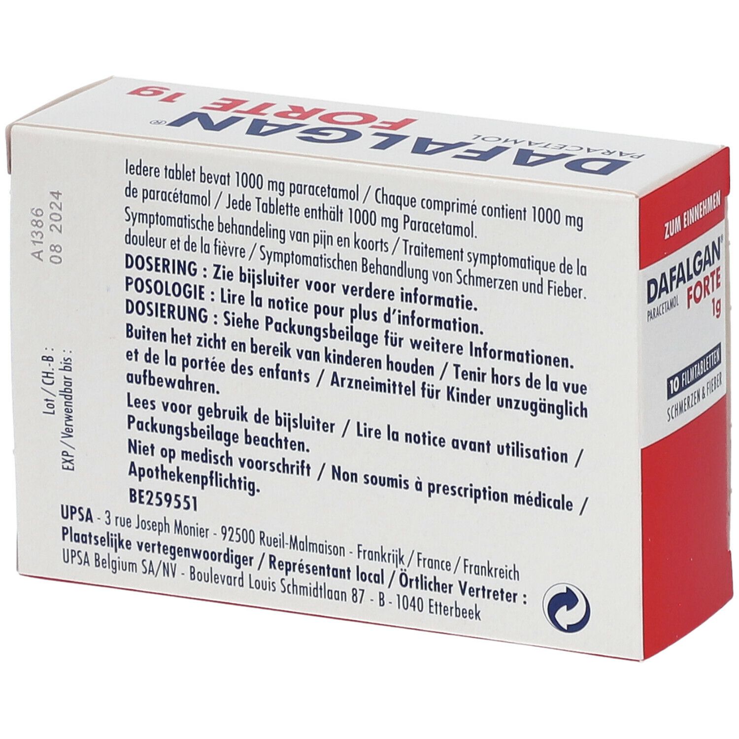 Achterkant van de Dafalgan Forte 1g verpakking. Tekst in meerdere talen. Informatie over ingrediënten en dosering.
