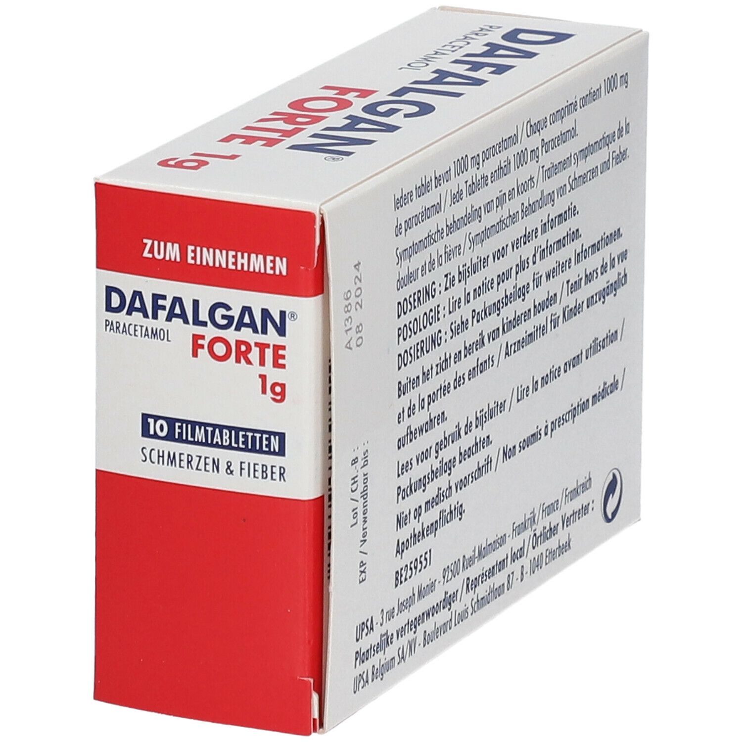 Dafalgan Forte 1g doos. Achterkant. Tekst in meerdere talen. Informatie over ingrediënten en dosering.