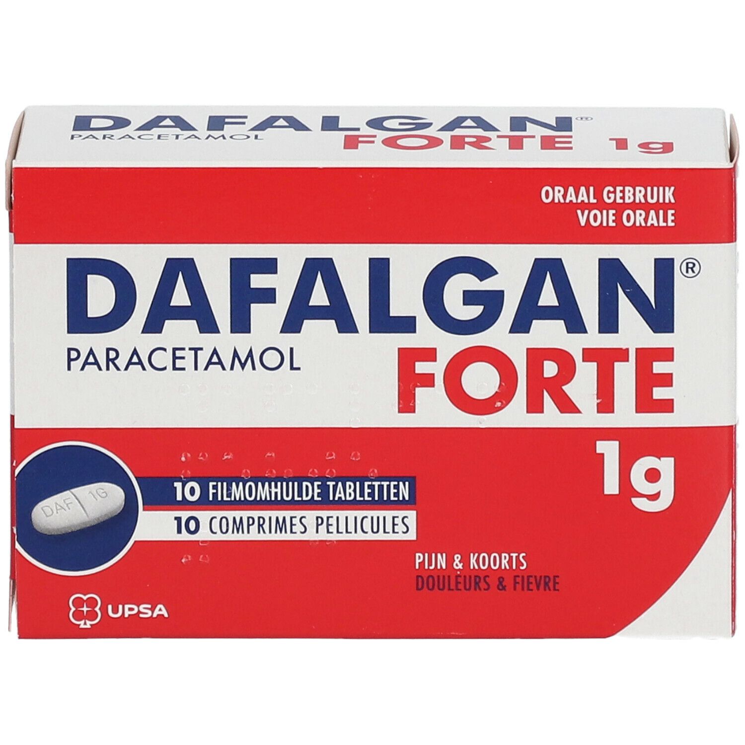 Dafalgan Forte 1g doos. Rood en wit. Productnaam en 10 tabletten. Ovale tablet.