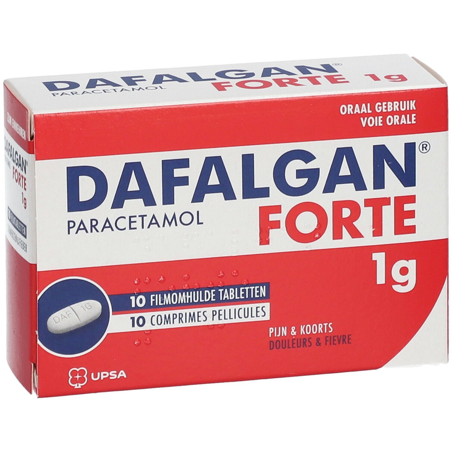 Dafalgan Forte 1g doos. Rood en wit. Productnaam en 10 tabletten. Ovale tablet.