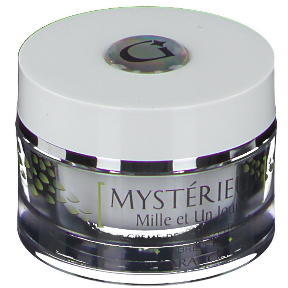 Creme-Glas mit weißem Deckel. Aufschrift: Mystérieux Mille et Un Jours. Logo auf dem Deckel. Marke: Garancia.