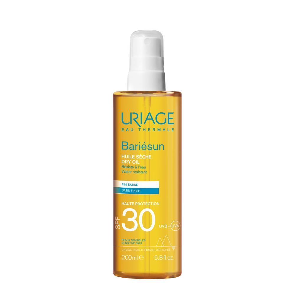 Uriage Bariésun Dry Oil SPF 30. Fles met verstuiver. Gele vloeistof. Opschrift: SPF 30, 200ml.