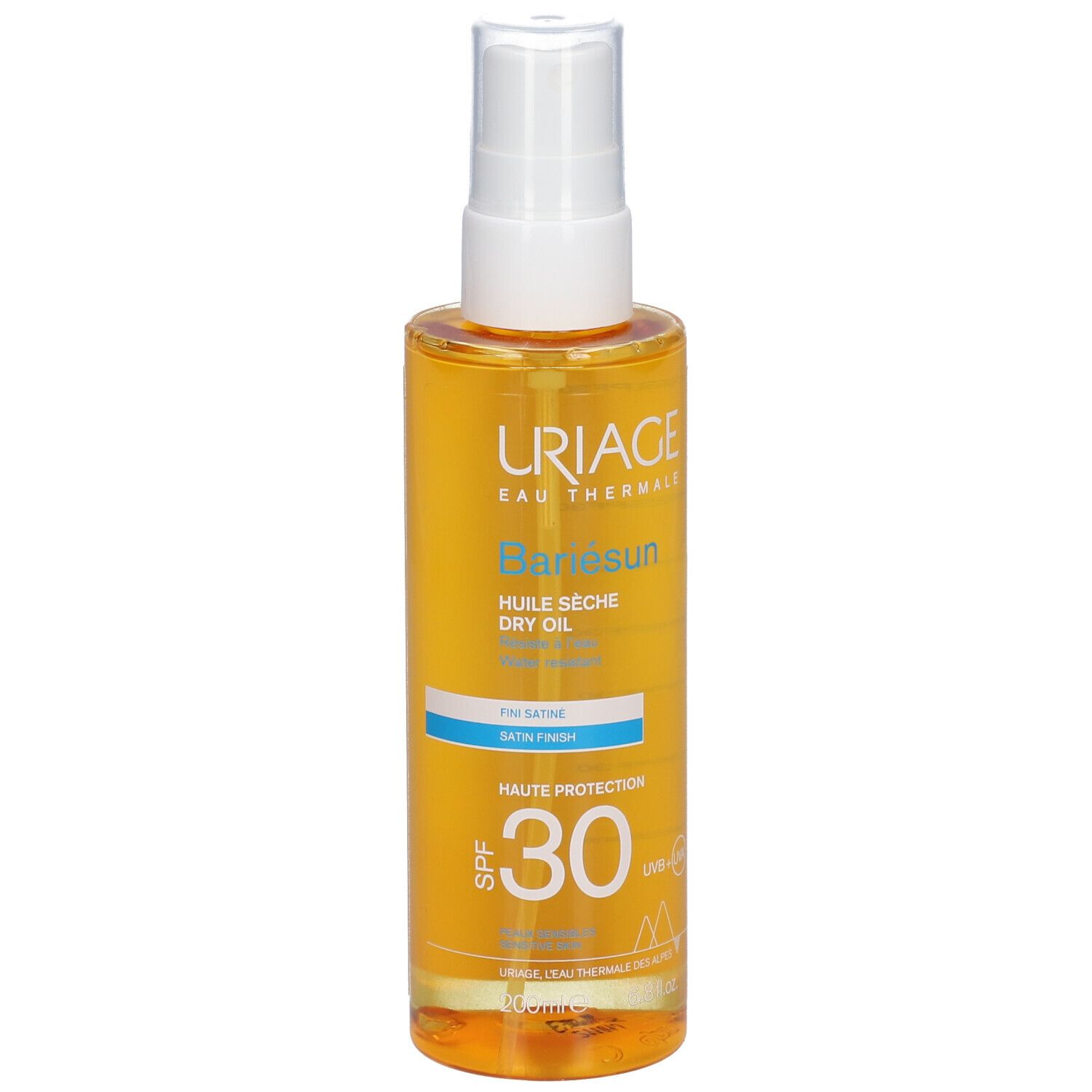 Uriage Bariésun Dry Oil SPF 30. Fles met verstuiver. Gele vloeistof. Opschrift: SPF 30, Dry Oil.