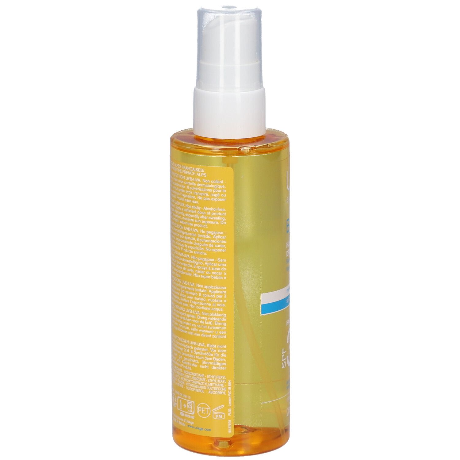 Achterkant van de Uriage Bariésun Dry Oil SPF 30 fles. Gele achtergrond met tekst. Witte tekst.