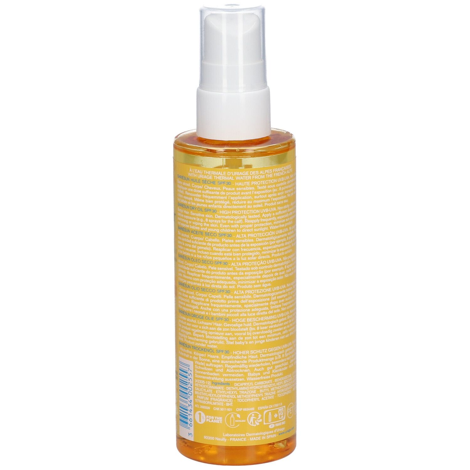 Achterkant van de Uriage Bariésun Dry Oil SPF 30 fles. Gele achtergrond met tekst. Witte tekst.