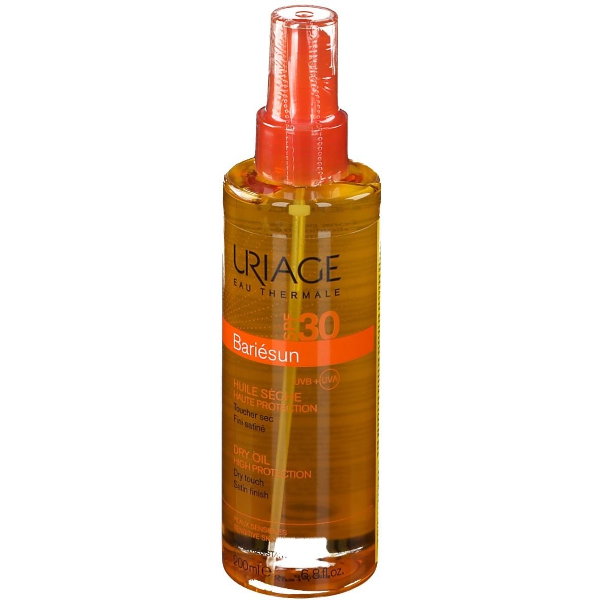 Uriage Bariésun Dry Oil SPF 30. Fles met verstuiver. Oranje vloeistof. Opschrift: SPF 30.