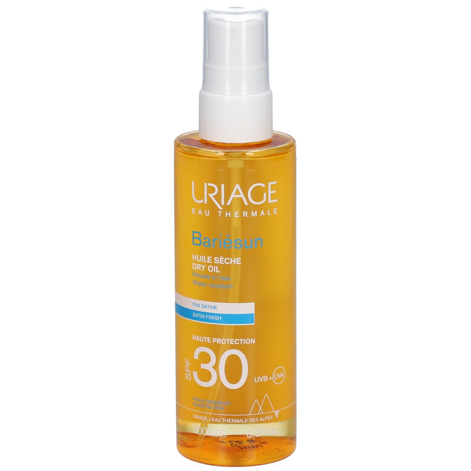 Uriage Bariésun Dry Oil SPF 30. Fles met verstuiver. Gele vloeistof. Opschrift: SPF 30.