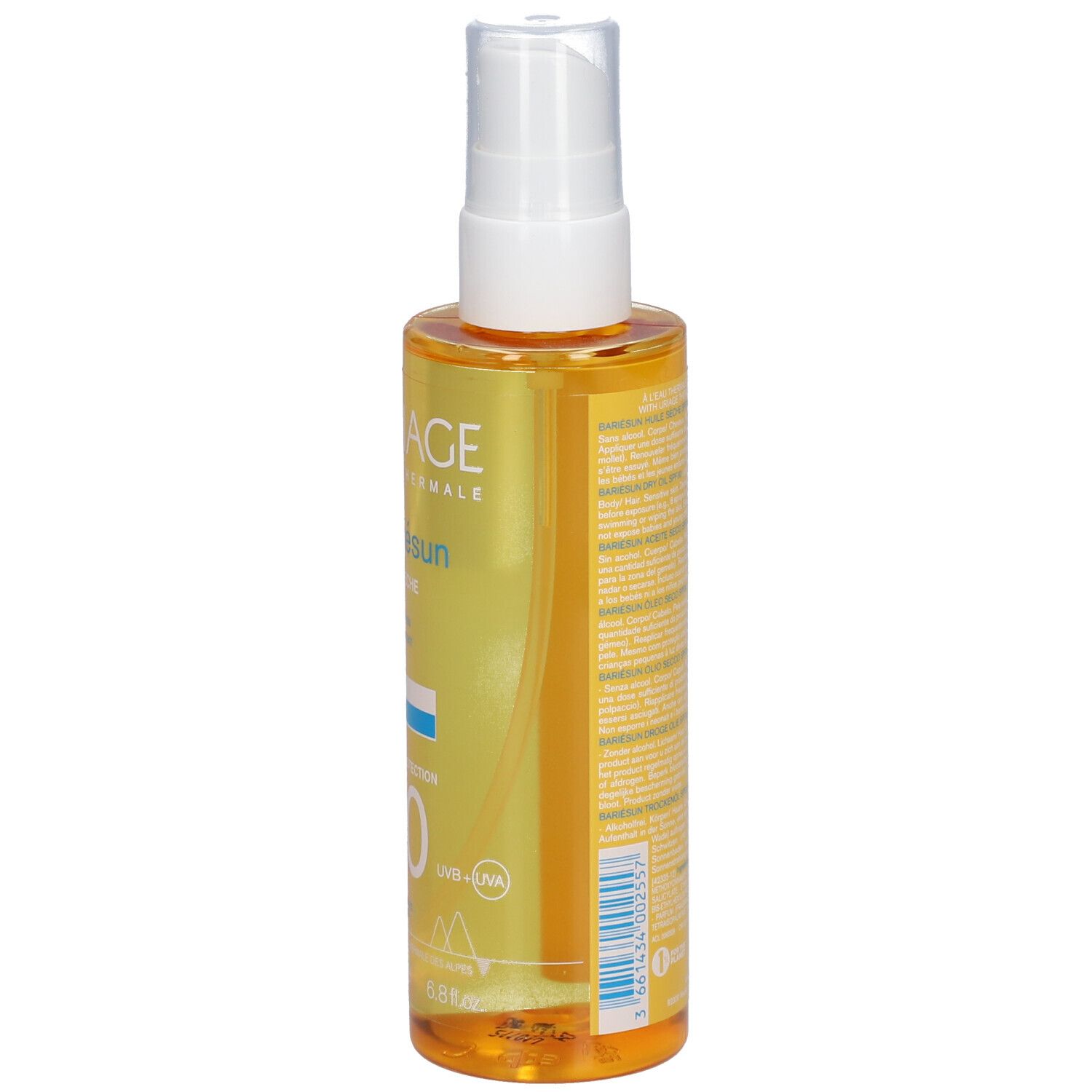 Achterkant van de Uriage Bariésun Dry Oil SPF 30 fles. Gele achtergrond met tekst. Witte tekst.