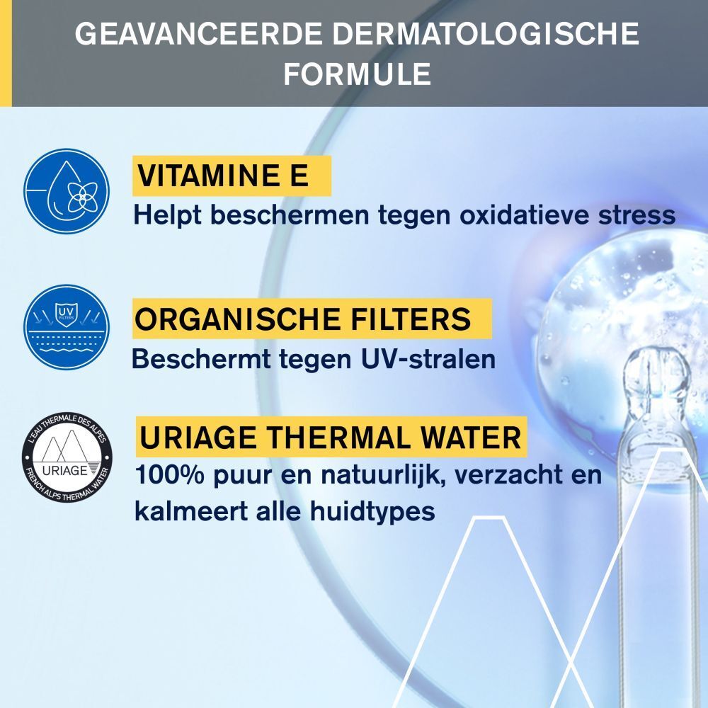 Productkenmerken: Vitamine E, organische filters, Uriage Thermal Water. Tekst en productafbeelding.
