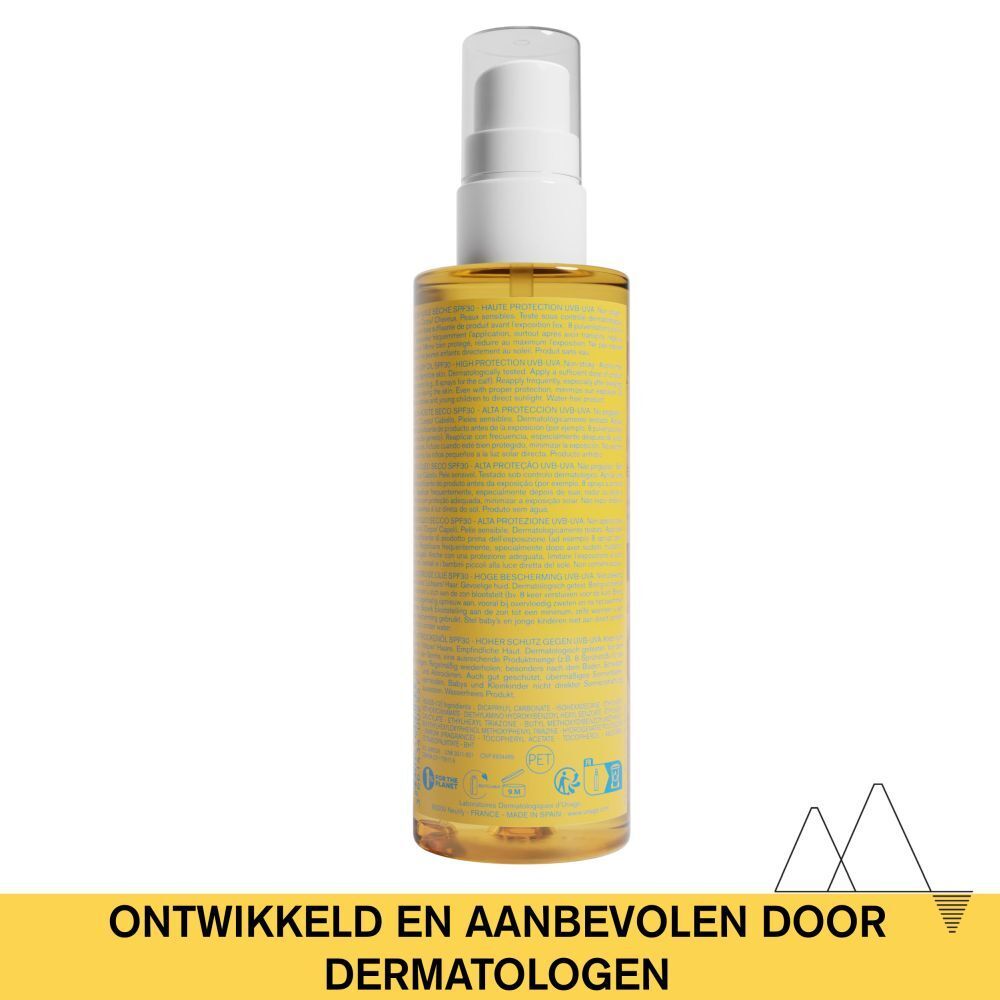 Achterkant van de Uriage Bariésun Dry Oil SPF 30 fles. Gele achtergrond met tekst. Witte tekst.