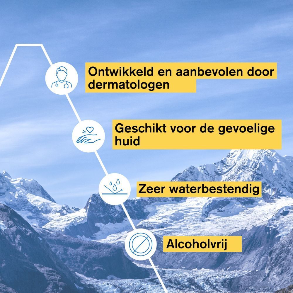 Kenmerken: Ontwikkeld en aanbevolen door dermatologen, gevoelige huid, waterbestendig, alcoholvrij.