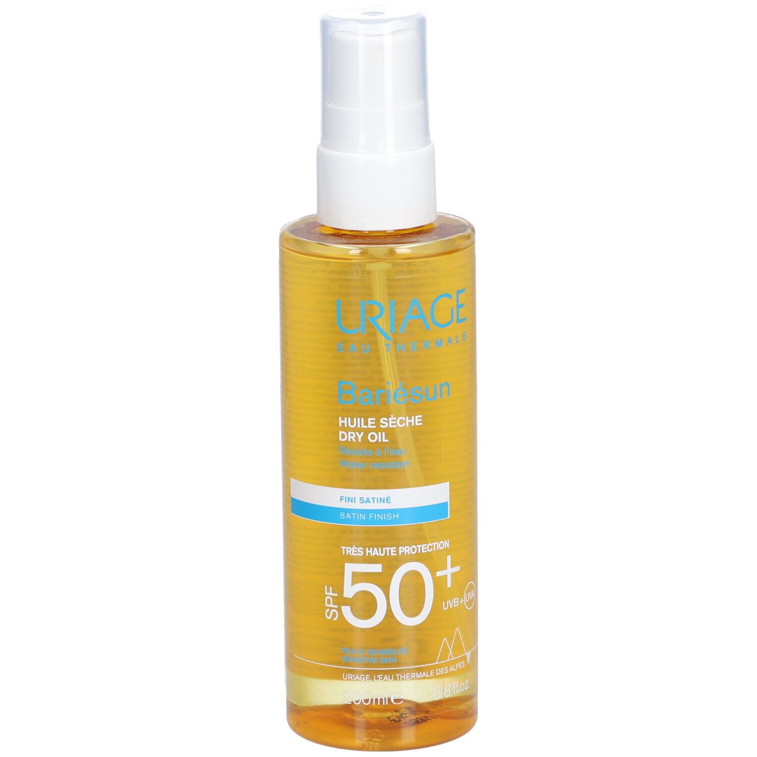 Uriage Bariésun Huile Sèche LSF 50+ en flacon spray. Liquide jaune, tête blanche. SPF 50+.