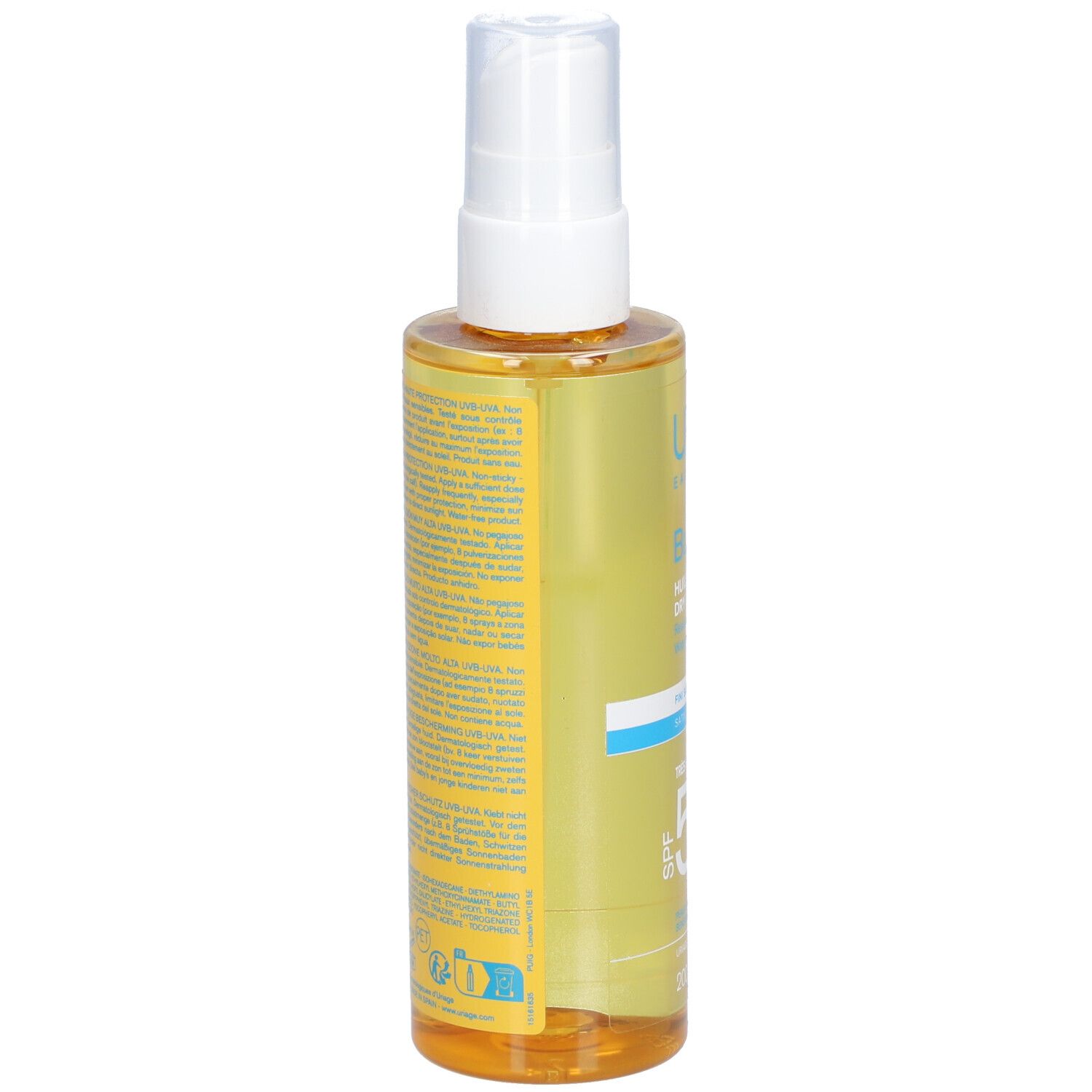 Dos du flacon Uriage Bariésun Huile Sèche LSF 50+. Texte sur fond jaune. Informations sur le produit.