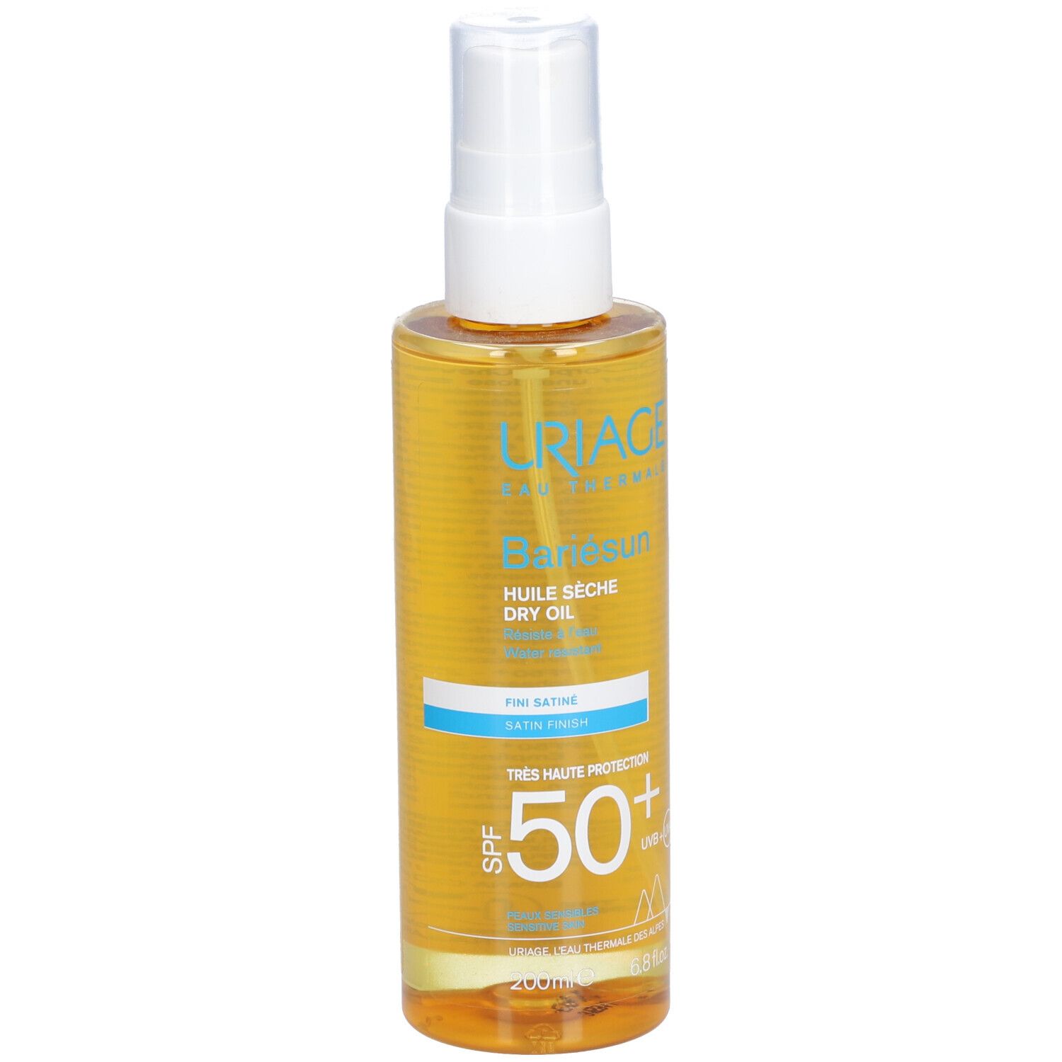 Uriage Bariésun Huile Sèche LSF 50+ en flacon spray. Liquide jaune, tête blanche. SPF 50+.