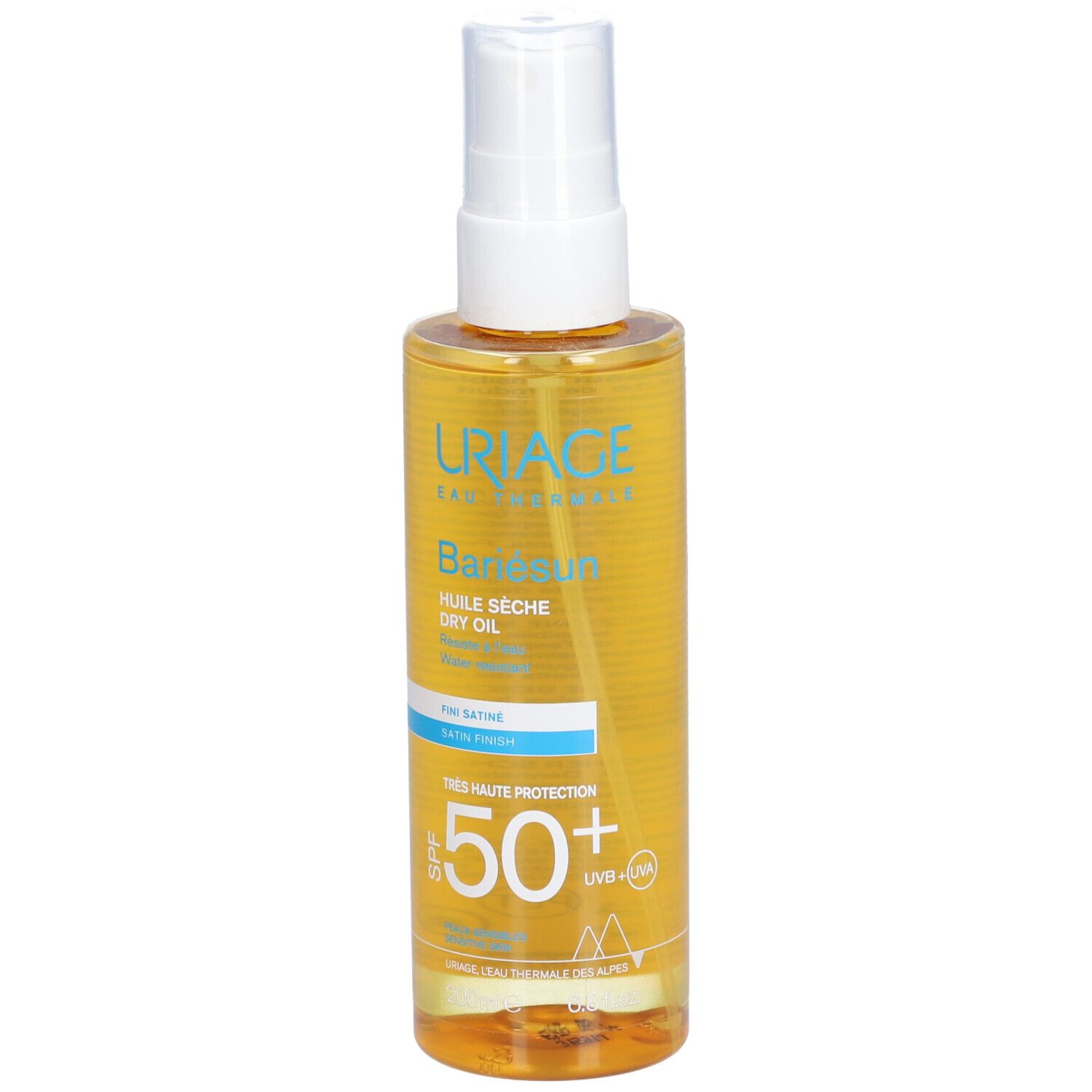 Uriage Bariésun Huile Sèche LSF 50+ en flacon spray. Liquide jaune, tête blanche. SPF 50+.