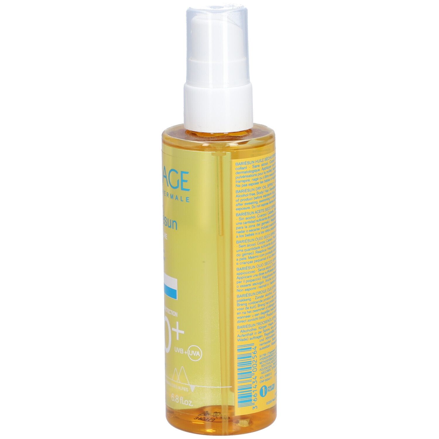 Uriage Bariésun Huile Sèche LSF 50+ en flacon spray. Liquide jaune, tête blanche. SPF 50+.