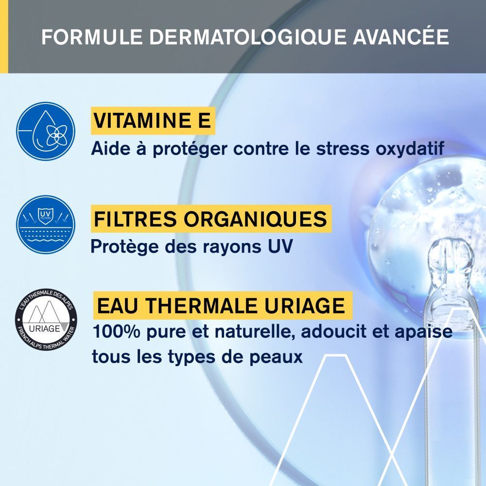Graphique avec informations sur Uriage Bariésun. Texte : 'Vitamine E', 'Filtres organiques', 'Eau Thermale Uriage'.