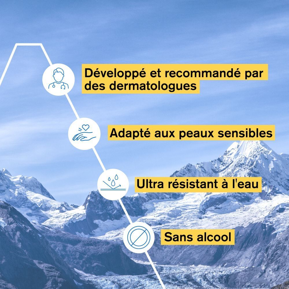 Graphique avec informations sur Uriage Bariésun. Texte : 'Développé et recommandé par des dermatologues', 'Adapté aux peaux sensibles'.