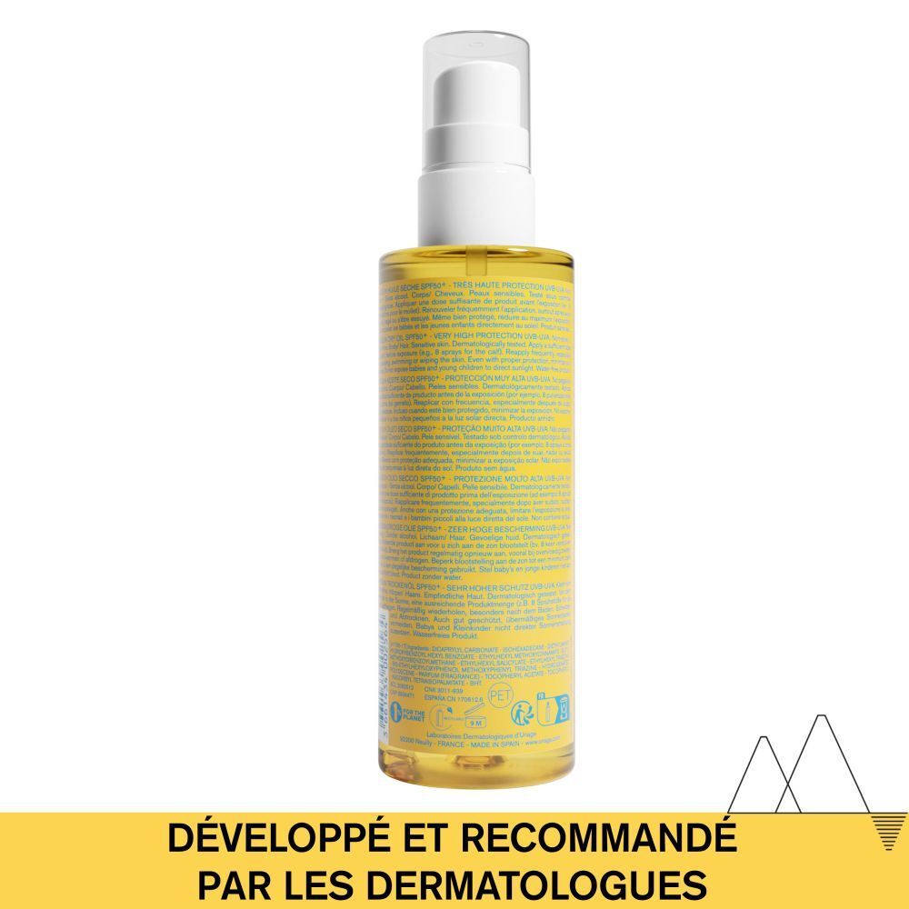 Dos du flacon Uriage Bariésun Huile Sèche LSF 50+. Texte sur fond jaune. Informations sur le produit.