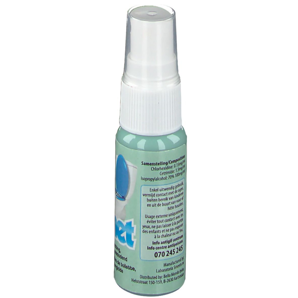 Dos d'un flacon pulvérisateur vert. Texte : Composition, Chlorhexidine, Alcool isopropylique. Numéro de téléphone et coordonnées du fabricant.