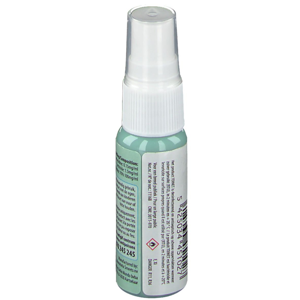 Dos d'un flacon pulvérisateur vert. Texte : Composition, Chlorhexidine, Alcool isopropylique. Avertissements et coordonnées du fabricant.