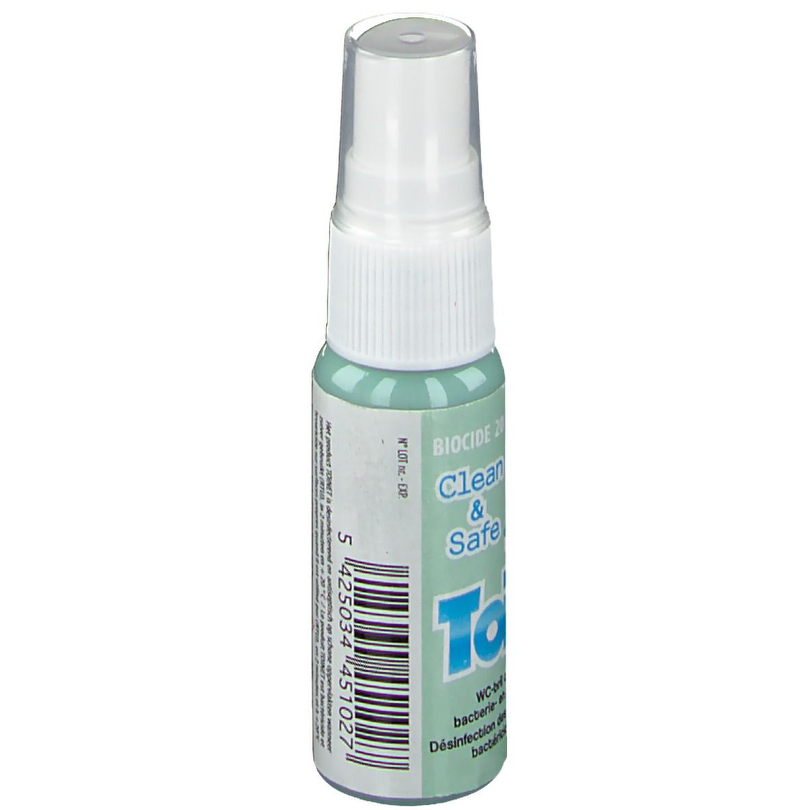 Dos d'un flacon pulvérisateur vert. Texte : Clean & Safe, Toinet. Code-barres et coordonnées du fabricant.