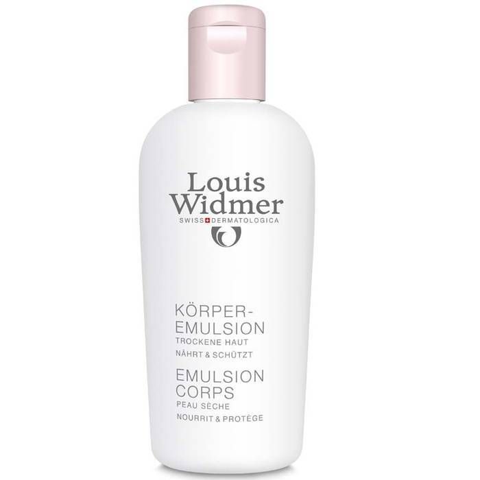 Flacon blanc, bouchon rose. Inscriptions: Louis Widmer, Emulsion Corps, pour peau sèche.