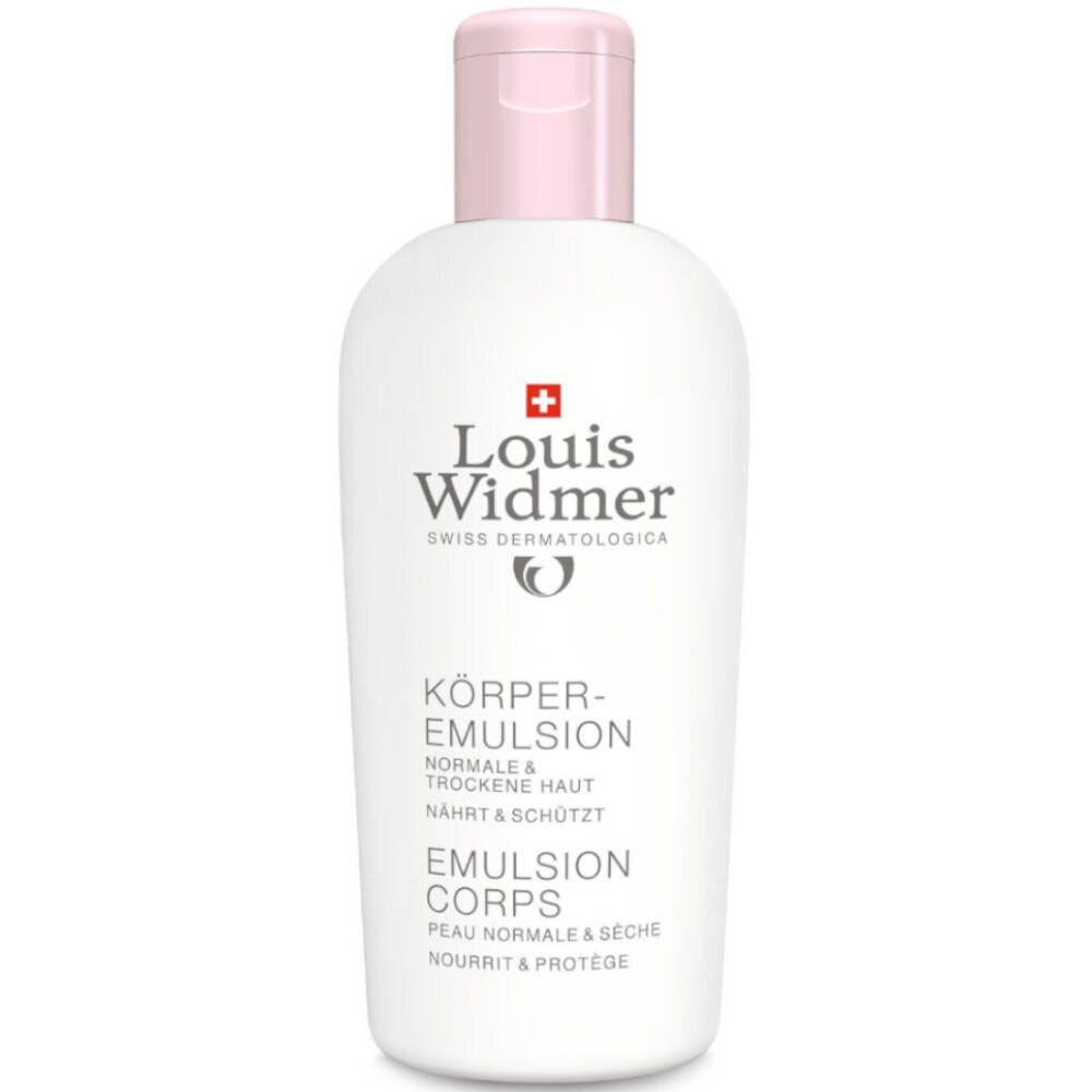 Flacon blanc avec bouchon rose. Inscription: Louis Widmer, Emulsion Corps, pour peaux normales et sèches.